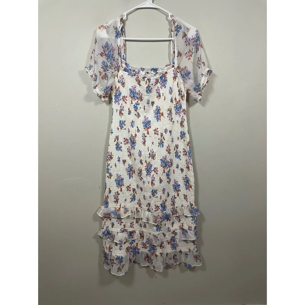 Abercrombie & Fitch Smocked Puff Sleeve Midi Dress Floral Print Size Large - Picture 2 of 10